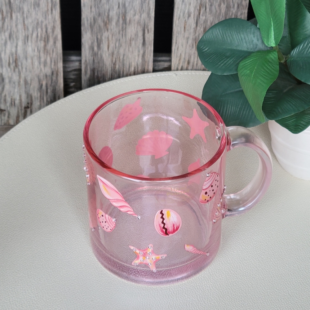 Seashells & Rhinestones Handpainted Pink Transparent Glass Mug - Picture 2 of 11